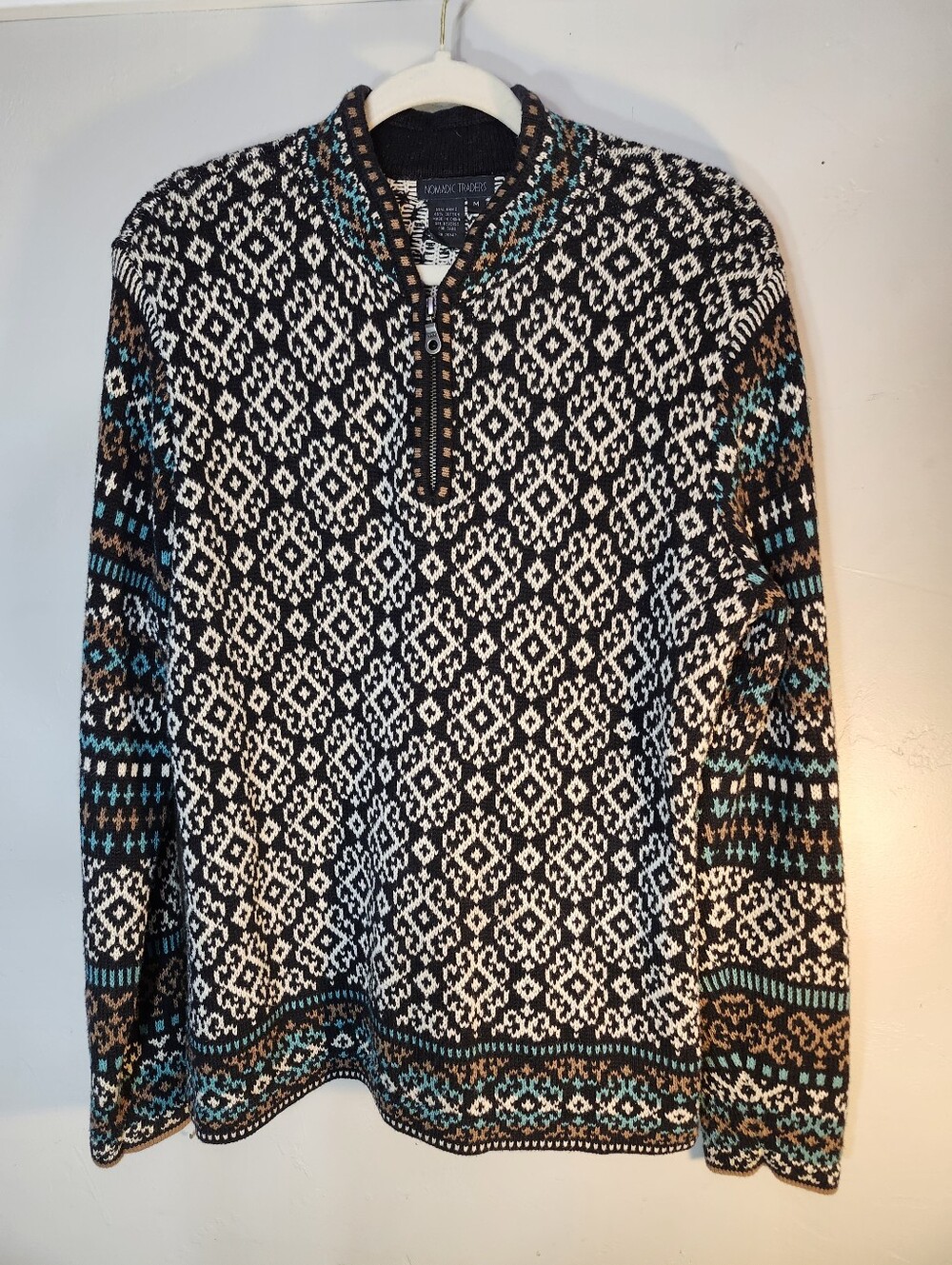 Nomadic Traders Black, White & Teal Fair Isle Half-Zip Sweater